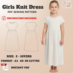 May include: A cream-coloured knit dress for girls, featuring short sleeves and a gathered waist. The image includes a pattern with instructions and the text "Girls Knit Dress PDF Sewing Pattern". The dress is available in sizes 2-10 years.