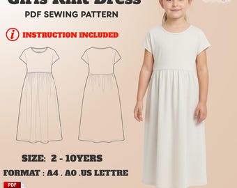 Girls Knit Dress PDF Pattern: Gathered Waist Midi (Ages 2–10)