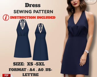 Halter Neck Mini Dress Sewing Pattern PDF: V-Neck Backless Dress (XS-5XL)