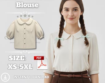Patrón de blusa con cuello Peter Pan: Top abotonado con mangas abullonadas (XS-5XL) – Patrón en PDF