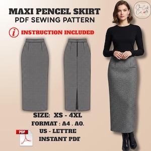 以下が含まれることがあります： マキシペンシルスカートのPDF縫製パターンで、説明書が付属しています。パターンはXS-4XLサイズで、A4、AO、US-Lettre形式で利用できます。画像には、グレーのペンシルスカートを着用している女性も写っています。