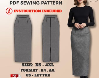 Pencil Skirt Sewing Pattern: Maxi Length Tweed with Back Vent (XS–4XL) – PDF