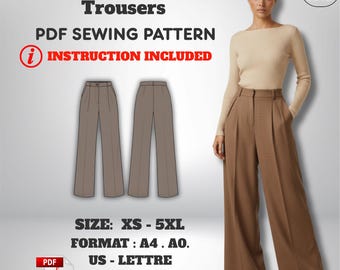 Schnittmuster für eine Hose mit weitem Bein: High Waist, Bundfalten, Hosenschlitz (XS–5XL) - PDF