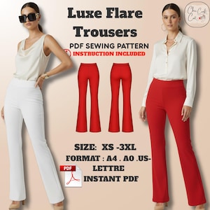 Puede incluir: Imagen de un patrón de costura en PDF para pantalones Luxe Flare. La imagen muestra a una mujer con pantalones blancos y otra con pantalones rojos. El patrón incluye instrucciones y está disponible en tallas XS-3XL.
