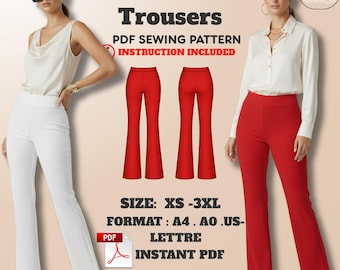 Flared Leg Pants Sewing Pattern: High Waist Stretch Knit (XS–3XL) – Beginner PDF Pattern
