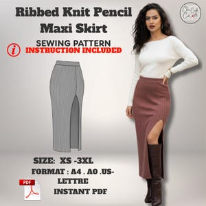 Op de afbeelding: Een naaipatroon voor een geribbelde potlood maxi rok, met instructies inbegrepen. Maten XS tot 3XL zijn beschikbaar, in A4, AO en US Letter formaten. De afbeelding toont een schets van de rok en een model dat hem draagt.