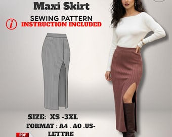High Waist Maxi Skirt Sewing Pattern: Ribbed Knit Side Slit (XS–3XL) PDF