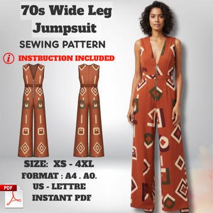 Puede incluir: Un patrón de costura de mono de pierna ancha de los años 70, de color óxido, con formas geométricas y un escote en V. El patrón incluye instrucciones y está disponible en tallas XS-4XL. El mono tiene una cremallera.