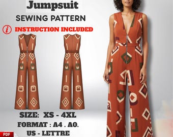 70s Wide Leg Jumpsuit Sewing Pattern: Sleeveless V-Neck (XS–4XL) (PDF Pattern)