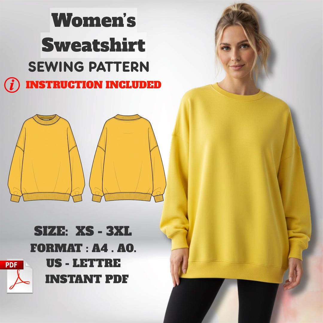 Womens Crewneck Sweatshirt Sewing Pattern: Easy Loose Fit (XS–3XL) (PDF ...