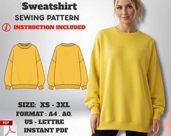 Damen Sweatshirt mit Rundhalsausschnitt, Schnittmuster: Easy Loose Fit (XS–3XL) (PDF-Muster)