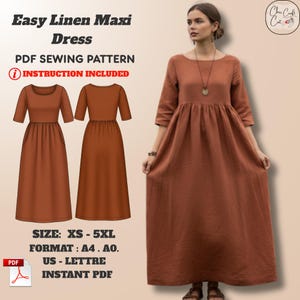 Op de afbeelding: Een roestkleurige linnen maxi-jurk met driekwart mouwen en een geplooid taille. De afbeelding toont ook een PDF-naaipatroon met de tekst "Easy Linen Maxi Dress" en "PDF Sewing Pattern". Het patroon bevat instructies en is verkrijgbaar in maten XS-5XL.