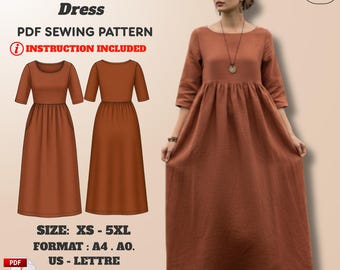 Linen Maxi Dress Sewing Pattern: Boat Neck, Pockets (XS–5XL) – PDF