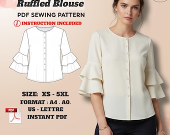 Double Ruffle Sleeve Blouse Sewing Pattern: Button-Up Top with Keyhole Back (XS–5XL) – PDF