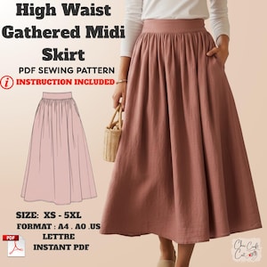 Puede incluir: Falda midi de cintura alta y fruncida en color rosa empolvado. La imagen muestra una falda terminada y un diagrama del patrón. El texto dice "High Waist Gathered Midi Skirt" y "PDF Sewing Pattern". Tallas XS-5XL disponibles.