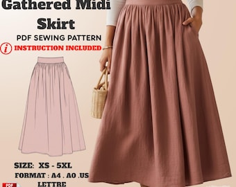 High Waist Gathered Midi Skirt Sewing Pattern (PDF) - XS-5XL Beginner