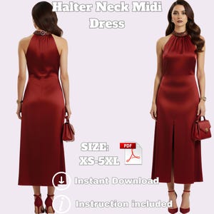 May include: A burgundy halter neck midi dress with a high neckline and a front slit. The dress is made of a silky material and is shown on a model. The text "Halter Neck Midi Dress" is at the top of the image.