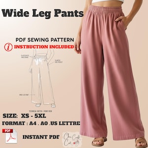 Puede incluir: Pantalones de pierna ancha en color rosa empolvado. La imagen incluye un patrón de costura PDF con instrucciones, un boceto técnico y detalles de tallas (XS-5XL). Los pantalones tienen cintura elástica y bolsillos laterales inclinados.