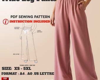 Wide Leg Pants Sewing Pattern: Elastic Waist Palazzo Trousers PDF (XS–5XL)