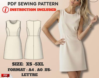 A-Line Mini Dress Sewing Pattern: Princess Seam Bodice (XS–5XL) – PDF