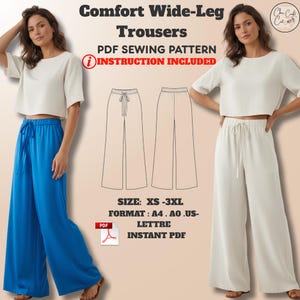 May include: Image of a sewing pattern for Comfort Wide-Leg Trousers. The image shows a woman wearing blue wide-leg trousers and a white crop top. The pattern includes instructions and is available in sizes XS-3XL.