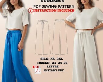 Wide-Leg Palazzo Pants Sewing Pattern: Elastic Waist (XS–3XL) (PDF Pattern)