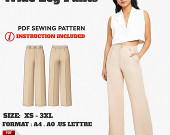 Wide Leg Pants Sewing Pattern PDF: High Waist Palazzo Trousers for Women (XS–XXXL)