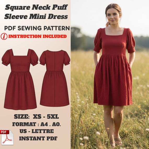 Square Neck Puff Sleeve Dress Pattern: Mini A-Line with Pockets (XS5XL)   PDF