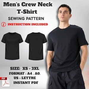 Può includere: Modello di cucito per t-shirt nera girocollo con vista fronte e retro. L'immagine include il testo "Men's Crew Neck T-Shirt Sewing Pattern" e "Instruction Included". Taglie dalla XS alla 3XL. Disponibile nei formati A4, AO, US-Letter e PDF istantaneo.