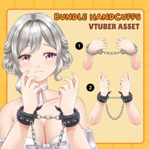 May include: An illustration featuring a sad anime-style character with silver hair and pink eyes, wearing a white outfit and a choker. The image showcases two sets of handcuffs: one silver and one black, connected by chains. Text reads "BUNDLE HANDCUFFS VTUBER ASSET."