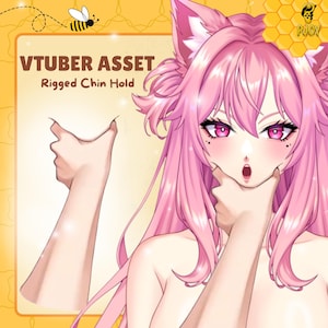 May include: An illustration of a pink-haired anime character with cat ears, holding their chin. The image includes the text "VTUBER ASSET Rigged Chin Hold" and a cartoon bee. The character has pink eyes and is framed by a yellow border.