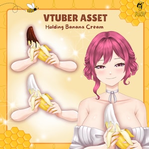 Pode incluir: Ilustração em estilo anime de um personagem com cabelo rosa segurando uma banana. O texto "VTUBER ASSET Holding Banana Cream" está presente. São mostradas duas bananas, uma com chocolate e outra com creme.