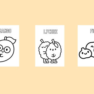 Puede incluir: Tres tarjetas blancas con dibujos lineales negros de frutas. La primera tarjeta dice "MANGO" y representa un mango con gafas. La segunda tarjeta dice "LYCHEE" y muestra dos lichis. La tercera tarjeta dice "HIGOS" y muestra dos higos.