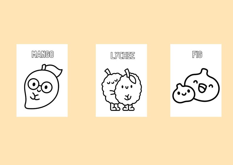 Puede incluir: Tres tarjetas blancas con dibujos lineales negros de frutas. La primera tarjeta dice "MANGO" y representa un mango con gafas. La segunda tarjeta dice "LYCHEE" y muestra dos lichis. La tercera tarjeta dice "HIGOS" y muestra dos higos.