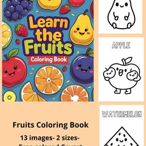 Printable fruit coloring book, fruit coloring book for kids, digital download, pdf coloring pages, gift