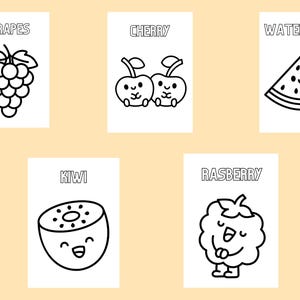 Puede incluir: Dibujos lineales en blanco y negro de varias frutas, incluyendo uvas, cerezas, sand&iacute;a, kiwi y frambuesa, cada una con una cara sonriente. Los nombres de las frutas est&aacute;n escritos encima de cada ilustraci&oacute;n.