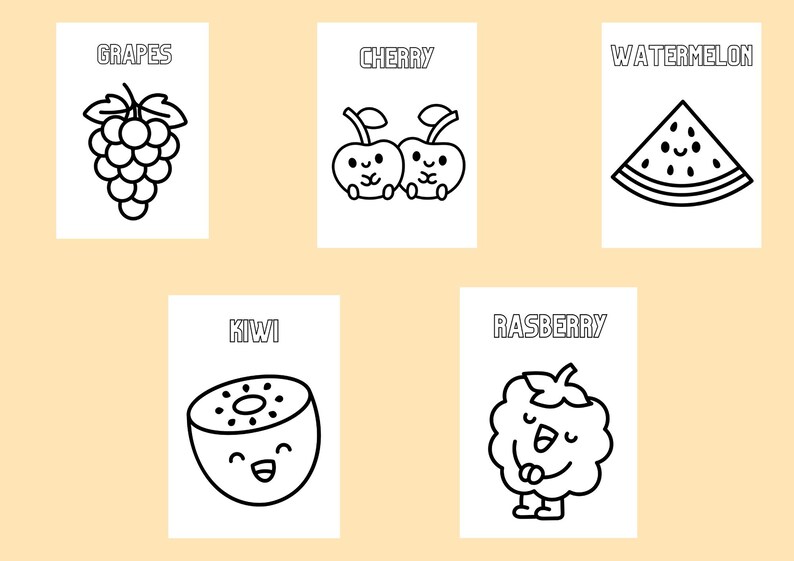 Puede incluir: Dibujos lineales en blanco y negro de varias frutas, incluyendo uvas, cerezas, sand&iacute;a, kiwi y frambuesa, cada una con una cara sonriente. Los nombres de las frutas est&aacute;n escritos encima de cada ilustraci&oacute;n.