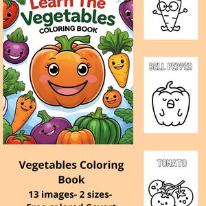 Printable vegetables coloring book, vegetables coloring book for kids, digital download, pdf coloring pages, gift