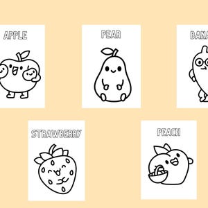 Puede incluir: Cinco tarjetas blancas con dibujos lineales negros de frutas: manzana, pera, pl&aacute;tano, fresa y melocot&oacute;n. Cada fruta tiene una cara sonriente y est&aacute; etiquetada con su nombre en may&uacute;sculas.