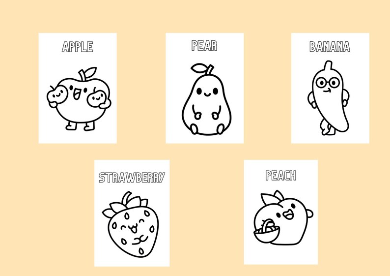 Puede incluir: Cinco tarjetas blancas con dibujos lineales negros de frutas: manzana, pera, pl&aacute;tano, fresa y melocot&oacute;n. Cada fruta tiene una cara sonriente y est&aacute; etiquetada con su nombre en may&uacute;sculas.