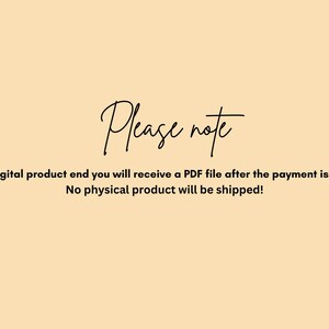 Puede incluir: Fondo color crema con el texto "Please note" en escritura elegante. Debajo, el texto aclara que se trata de un producto digital, se recibir&aacute; un archivo PDF despu&eacute;s del pago y no se enviar&aacute; ning&uacute;n producto f&iacute;sico.