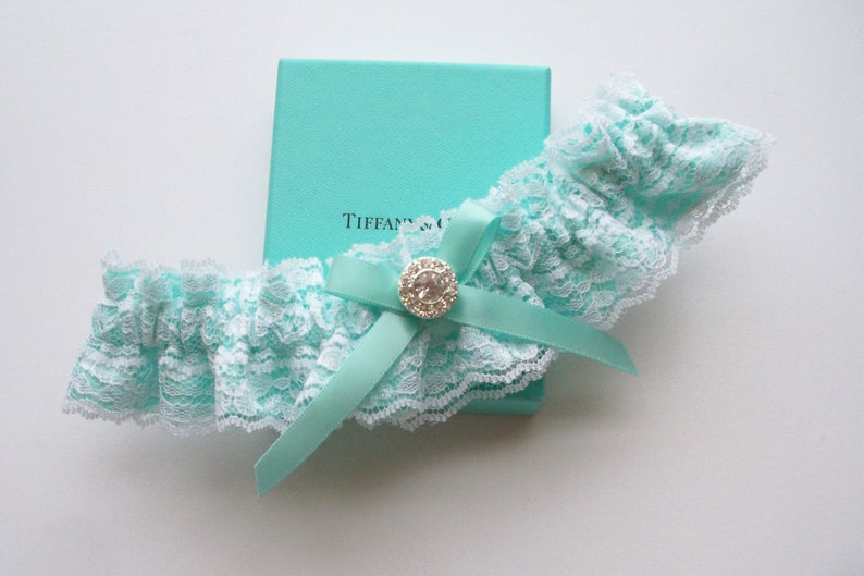 Lace Garter, Wedding Garter, Aqua Blue Wedding Garter, INCLUDING Lace Toss Garter with Rhinestone Center The ANITA Garter image 2