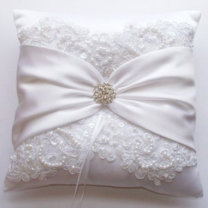 Wedding Ring Pillow and Basket with Beaded Alencon Lace, White Satin Sash Cinched by Crystals The MIRANDA LYNN image 1