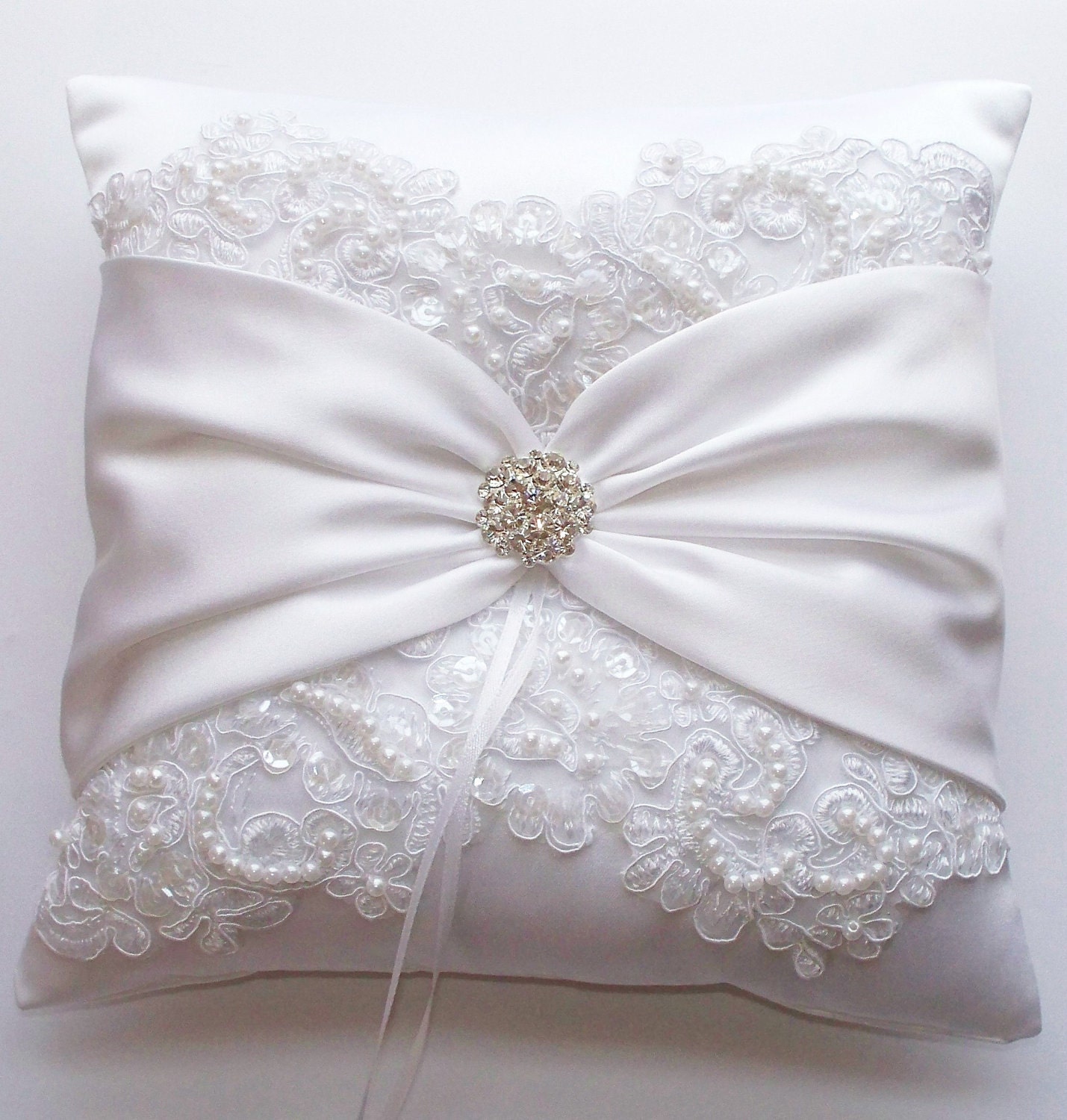 Wedding Ring Pillow and Basket with Beaded Alencon Lace White