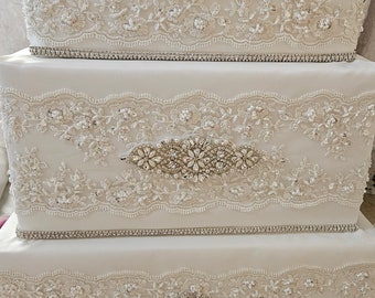 Three-tiered Card Box w Beaded Lace, Rhinestone and Pearl Detail, Bridal Satin