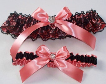 Wedding Garter Set in Black Lace over Coral - The CARMEN Garter