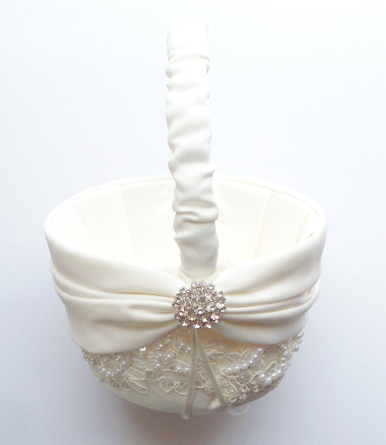 Wedding Flower Girl Basket With Beaded Alencon Lace Ivory Etsy