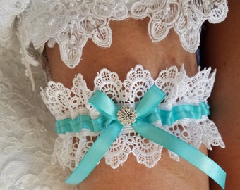 White Lace and Aqua Garter, Wedding Garter, Aqua Garter, Rhinestone Garter - The AMANDA Garter