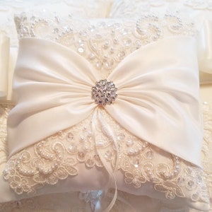 Wedding Pillow, Wedding Cushion, Lace Pillow, Ivory Satin and Beaded Alencon Lace, Ivory Satin Sash Cinched by Crystals - The MIRANDA Pillow