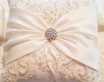 Wedding Pillow, Wedding Cushion, Lace Pillow, Ivory Satin and Beaded Alencon Lace, Ivory Satin Sash Cinched by Crystals - The MIRANDA Pillow
